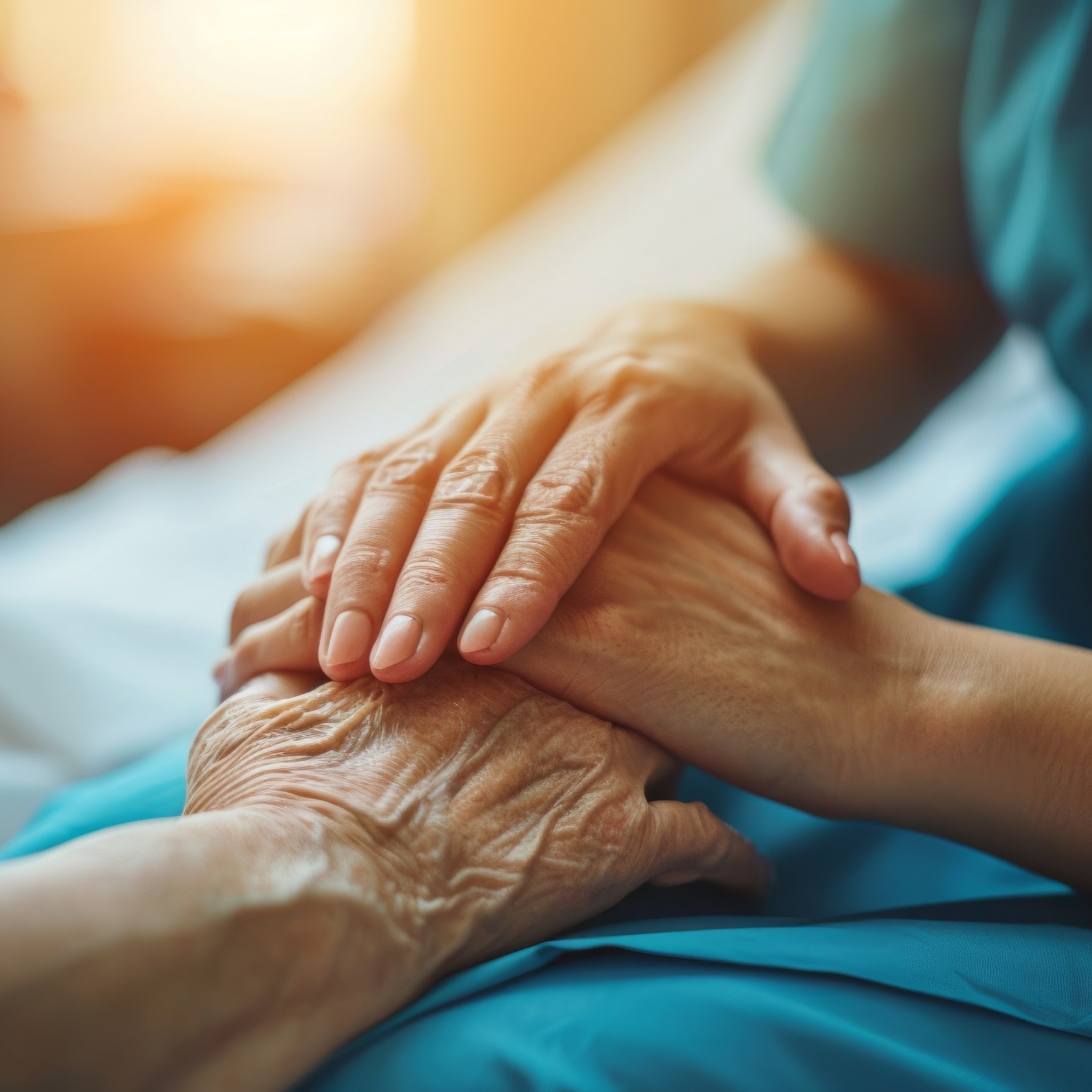 Eine ältere Patientin liegt im Bett, eine junge Krankenschwester hält sorgfältig ihre Hand, gemütliches Krankenhauszimmer mit sanfter Beleuchtung.